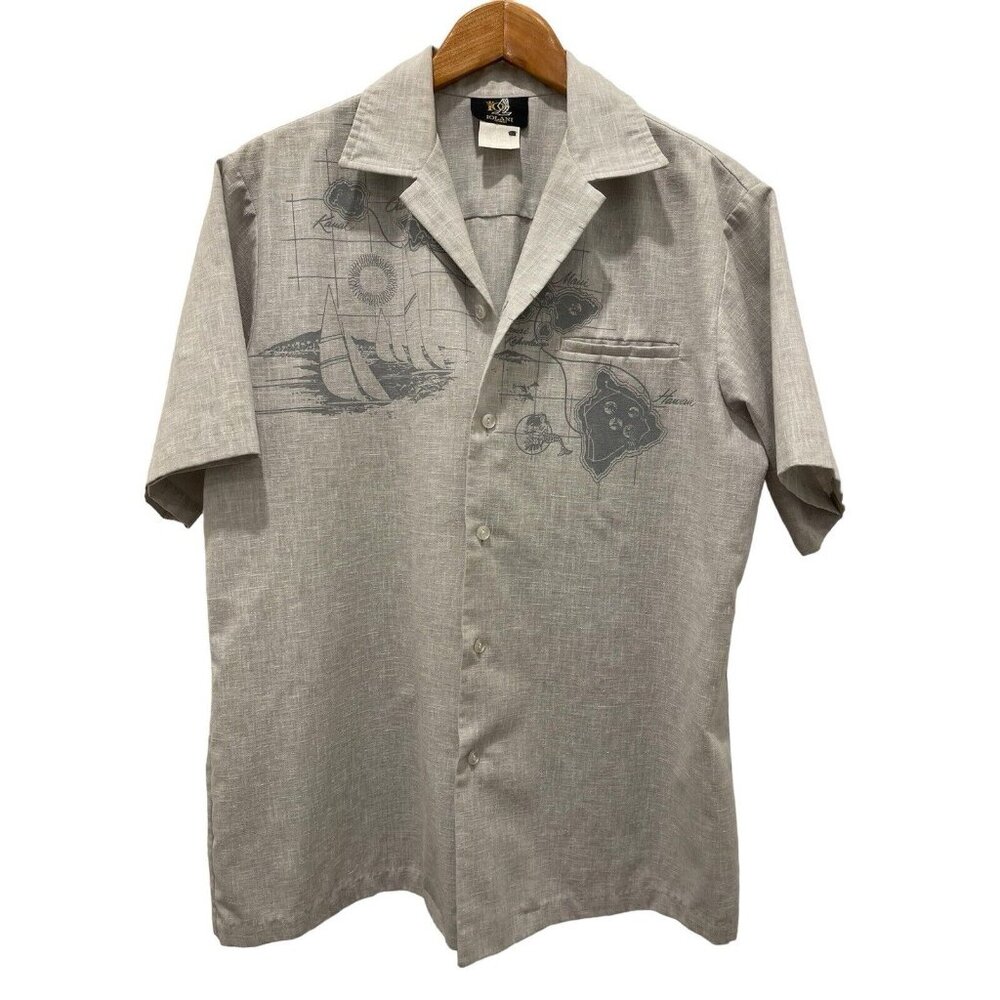 IOLANI Vintage Men's Hawaiian Shirt Island Boat Fish Mermaid Grey Size Large